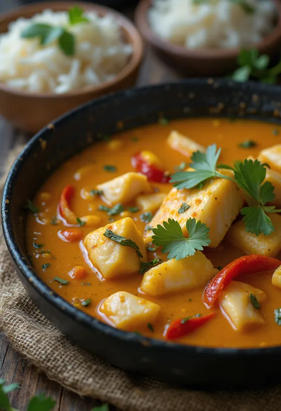 Moqueca bez glutena, bogato riblje jelo s kokosovim mlijekom, servirano