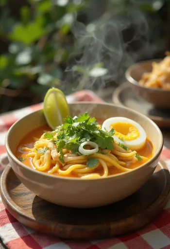 Curry laksa, začinjena juha na bazi kokosa s piletinom, tjesteninom i svježim povrćem.