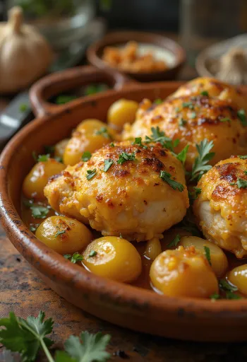 Pollo al Ajillo, španjolska piletina s češnjakom poslužena s umakom od bijelog vina