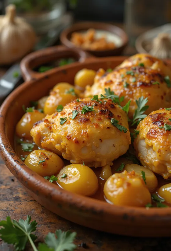 Pollo al Ajillo, španjolska piletina s češnjakom poslužena s umakom od bijelog vina
