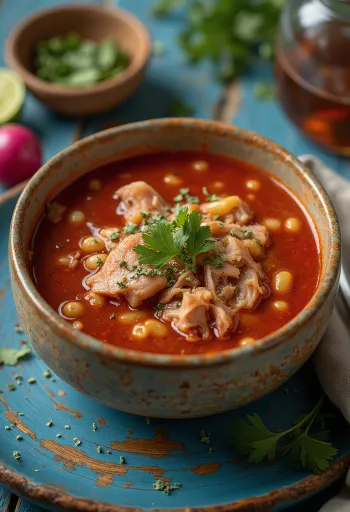 Pozole poslužen s limetom, korijanderom i svježim mladim lukom