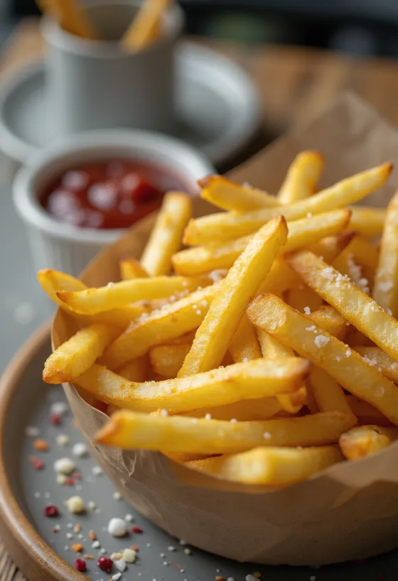Zlatnosmeđe pečen pomfrit, hrskav i posut svježim začinskim biljem.
