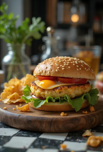 Veganski burger od patlidžana sa svježim povrćem na drvenoj dasci