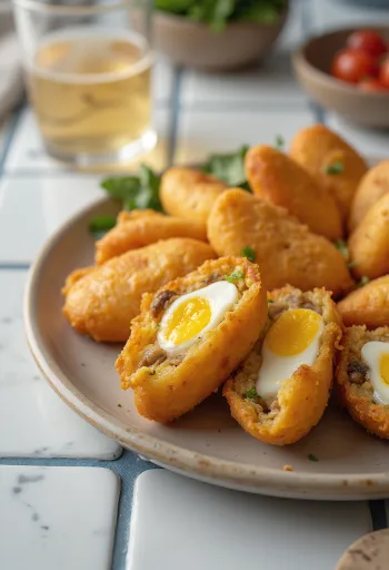 Carimañola s jajima, hrskava i zlatnosmeđa, poslužena