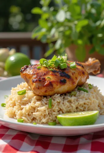 Cơm tấm s piletinom na žaru, posluženo sa svježim povrćem i rižom