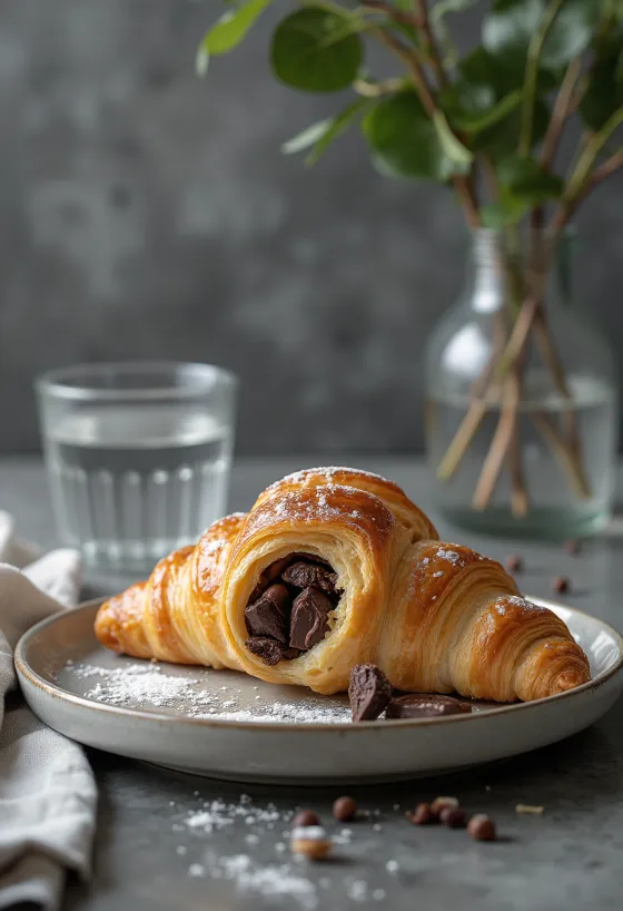 Svježe pečeni croissant s tamnom čokoladom i mentom