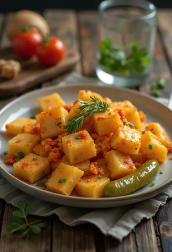 Tjestenina s krumpirom poslužena s prženim lukom i crvenom paprikom