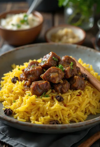 Mandi s govedinom, začinjena govedina poslužena s jasmin rižom