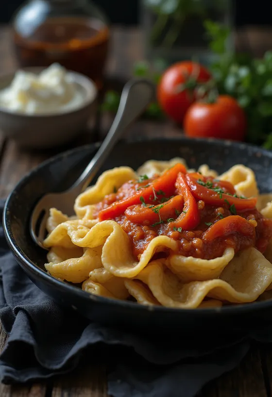 Paprika s umakom od rajčice, ukrašena svježim bosiljkom, jednostavno i primamljivo jelo