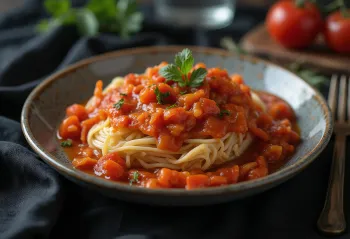 Paprika s umakom od rajčice, ukrašena svježim bosiljkom, jednostavno i primamljivo jelo