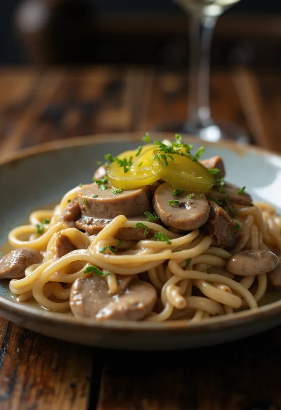 Govedina Stroganoff poslužena sa svilenkastim umakom od vrhnja