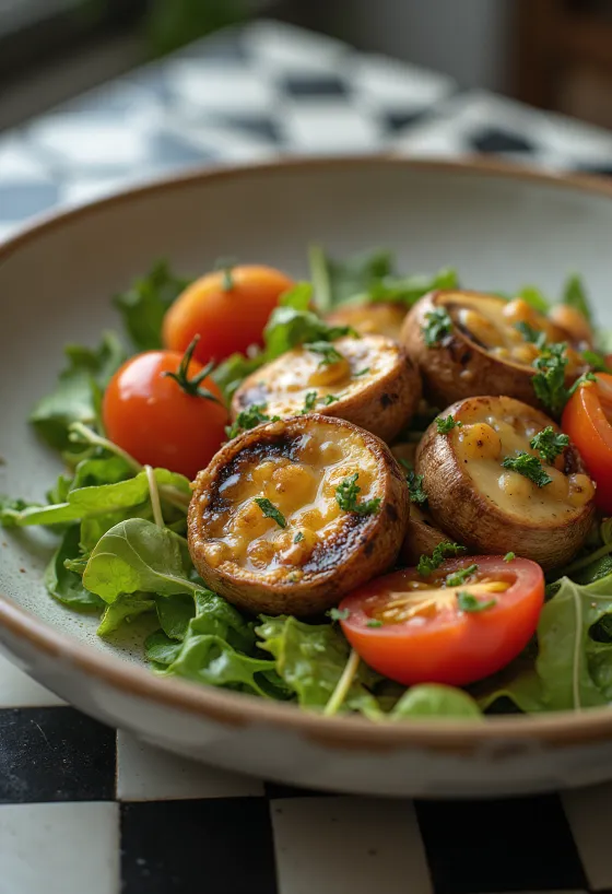 Salata od grilanih gljiva sa svježim povrćem u bijeloj zdjeli