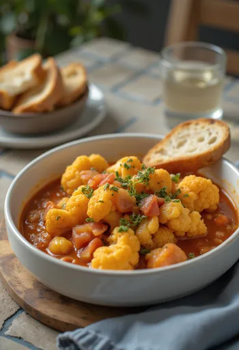 Začinjeni paprikaš od cvjetače u sočnoj podlozi od rajčice, posut svježim peršinom.