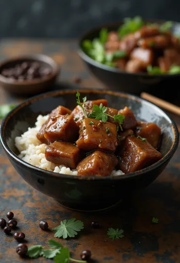 Pork adobo poslužen s kuhanom rižom