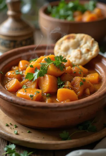 Tagine s mrkvom poslužen s bogatim začinima i svježim korijanderom