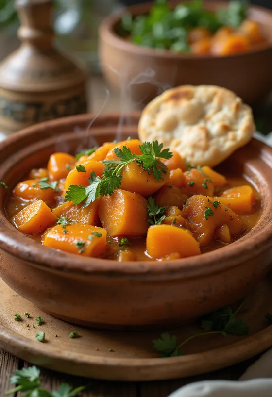 Tagine s mrkvom poslužen s bogatim začinima i svježim korijanderom