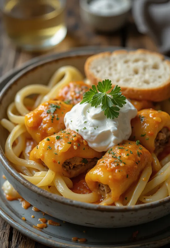 Punjeni kupus, zamotan u listove kiselog kupusa, punjen začinjenim mljevenim mesom i rižom, poslužen u umaku od rajčice