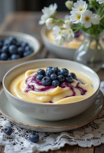 Kremasti žuti umak od vanilije preliven preko borovnica