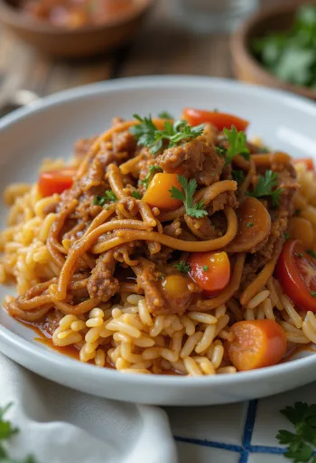 Carne Mechada poslužena s arepom i rižom