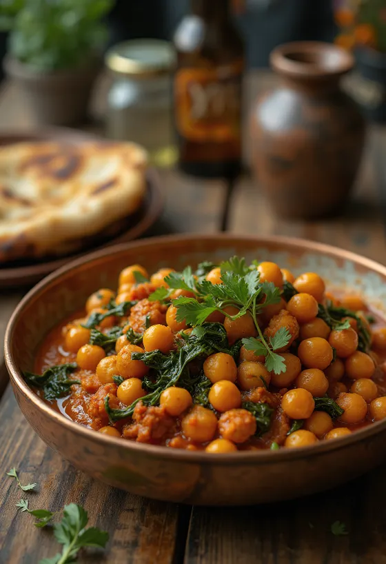 Chana masala sa špinatom, poslužena sa svježim korijanderom