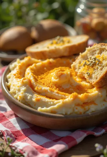 Liptauer serviran sa svježim povrćem i namazan na tost
