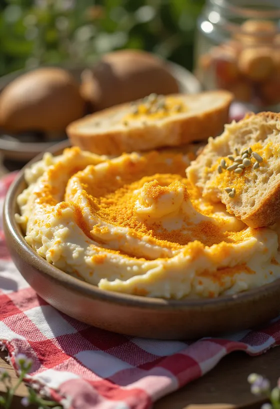 Liptauer serviran sa svježim povrćem i namazan na tost