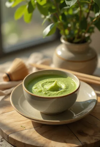 Šalica pjenastog matcha čaja, ukrašena matcha prahom