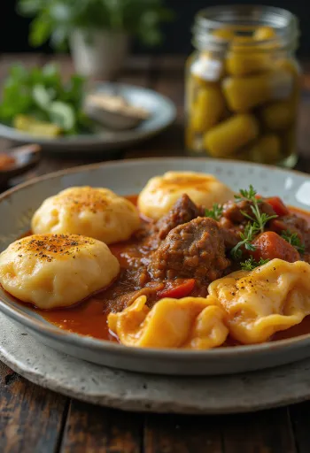 Sočan perkelt poslužen sa svježim noklicama, kao tradicionalno mađarsko jelo na bijelom tanjuru.