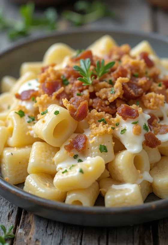 Tjestenina sa svježim sirom posuta čvarcima, poslužena sa svježim koprom