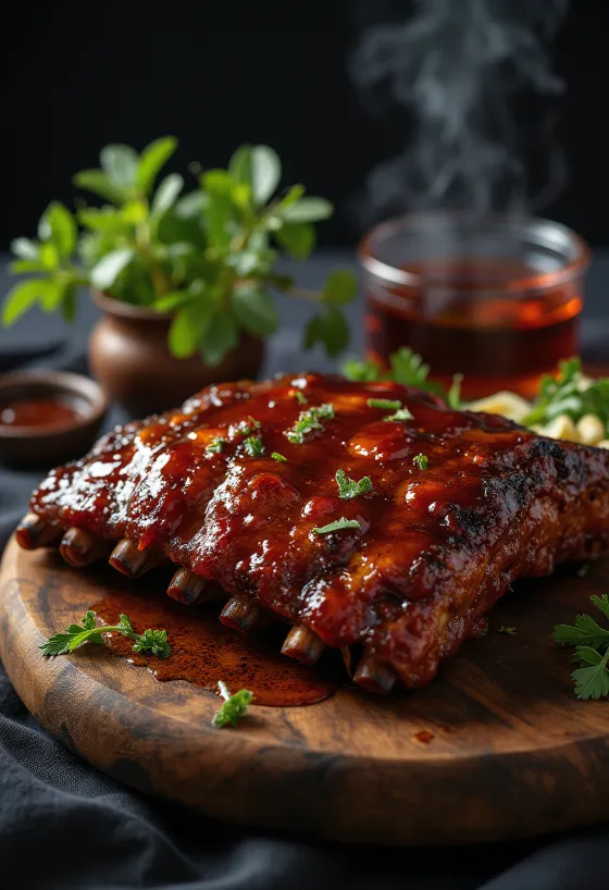 BBQ svinjska rebra poslužena s pečenim krumpirom i svježom salatom