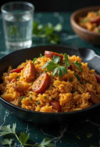 Jambalaya s maslinovim uljem, poslužena s bogatom piletinom, chorizom i povrćem