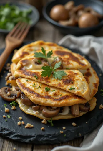 Quesadilla s gljivama pečena do hrskavosti, s topljenim sirom, narezana na trokute