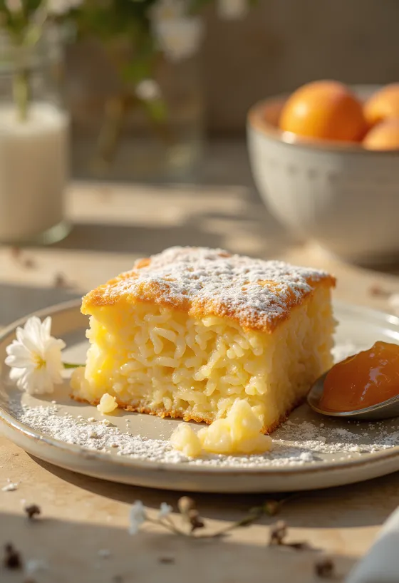 Nabujak od riže pečen do zlatnosmeđe boje, posut šećerom u prahu i poslužen s voćnim pekmezom