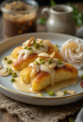 Shahi tukda s preljevom od vanilije, ukrašen bademima i pistacijama
