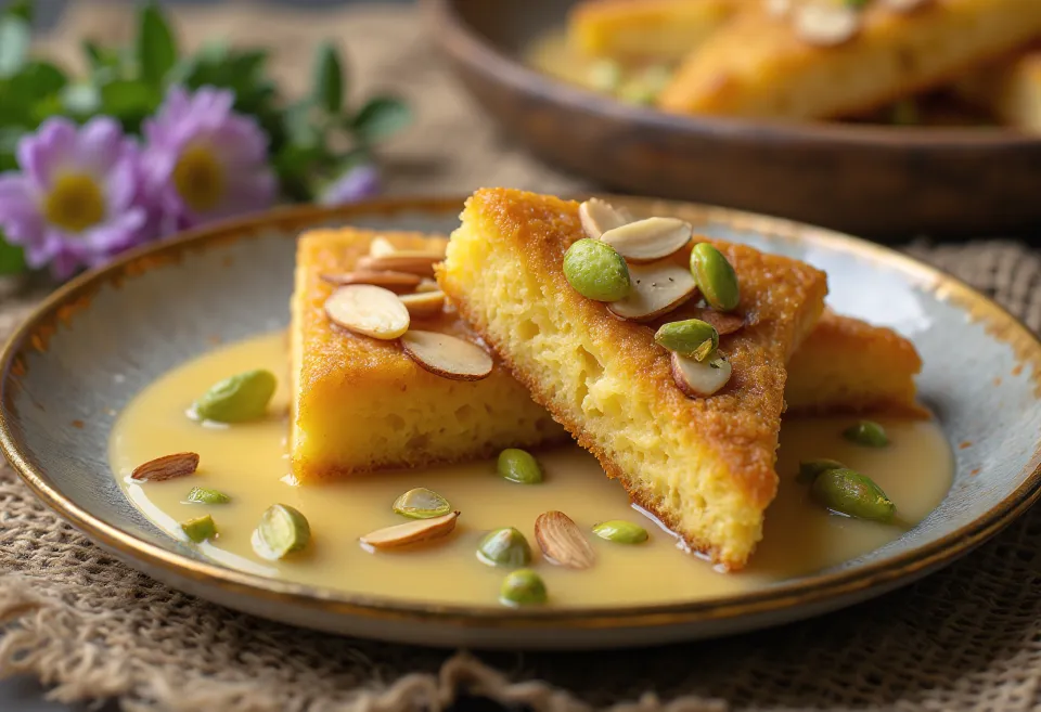 Shahi tukda s preljevom od vanilije, ukrašen bademima i pistacijama