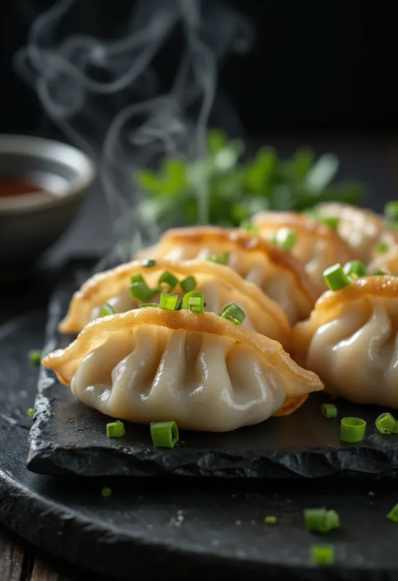 Crab Gyoza servirana s punjenjem od mesa raka i umakom od soje