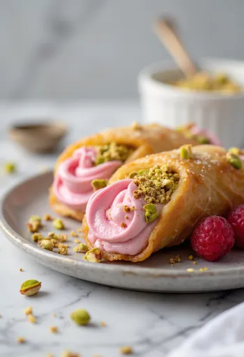 Cannoli s malinom i pistacijama desert serviran