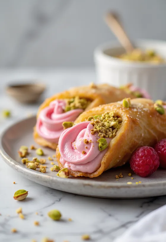 Cannoli s malinom i pistacijama desert serviran