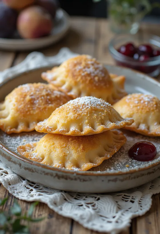 Svježe kuhane tačkrle s pekmezom od šljiva, posute prženim mrvicama.