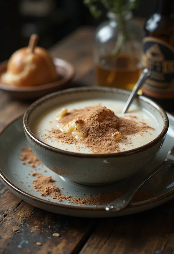 Kremasti griz na mlijeku posut kakaom, poslužen sa svježim voćem.